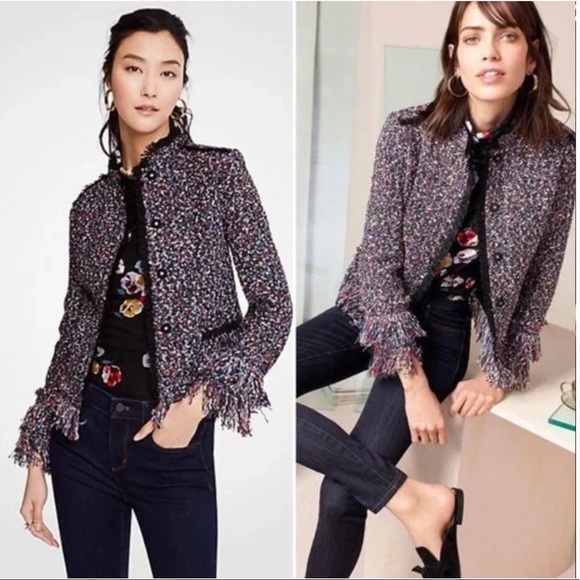 Ann Taylor Fiesta Multicolor Fringe Tweed Blazer Jacket Blk Red Blue Small Tall - Picture 2 of 10